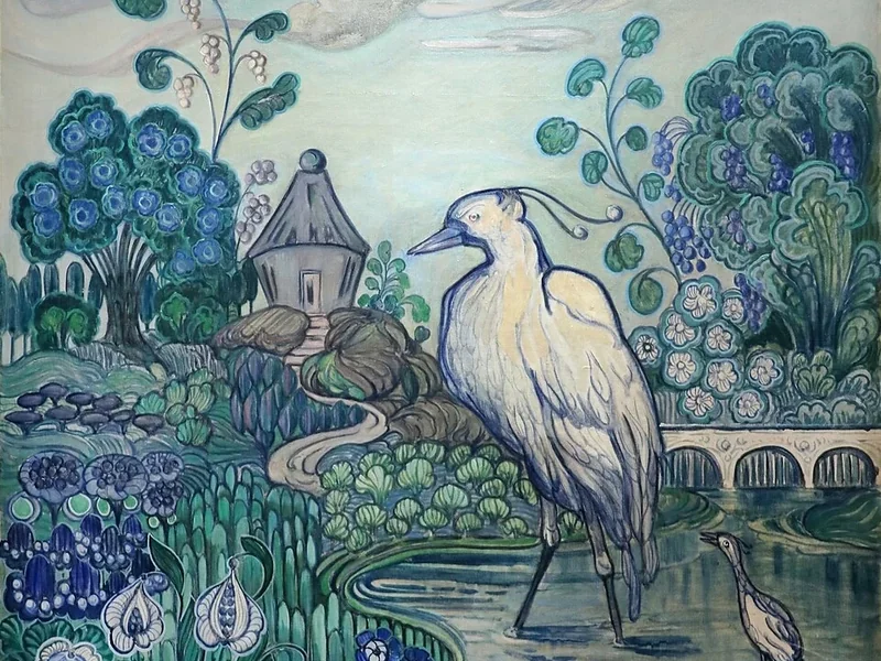 1861-Andreas Schneider - Airone in un paesaggio lussureggiante, 1917